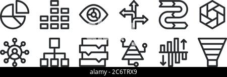 Set von 12 dünnen Umrisssymbolen wie Trichter, Infografik, hierarchische Struktur, Pfeil, Visualisierung, Balkendiagramm für Web, mobile Stock Vektor