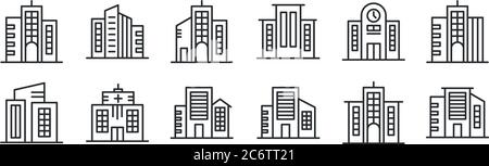 Set von 12 dünnen Umrisssymbolen wie Gebäude, Gebäude, Gebäude, für Web, mobil Stock Vektor