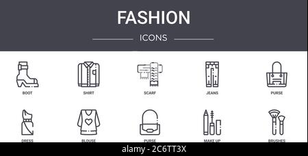 Fashion Concept Line Icons Set. Enthält Icons für Web, Logo, ui/ux wie Hemd, Jeans, Kleid, Geldbörse, Make-up, Pinsel, Geldbörse, Schal Stock Vektor