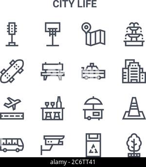Set von 16 City Life Konzept Vektor-Linien-Symbole. 64x64 dünne Schlaganfall-Symbole wie Basketball, Skateboard, Gebäude, Kiosk, cctv, , Papierkorb, Polizei Stock Vektor