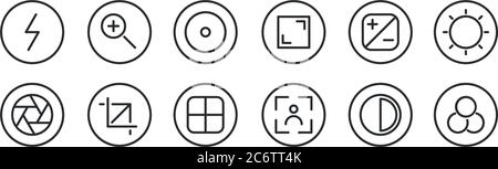 Satz von 12 Symbolen mit schmaler Kontur, z. B. Filter, Kamera, Zuschneiden, Kontrast, Aufnahme, Zoom für Web, Handy Stock Vektor