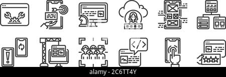 12 Satz von linearen User Experience Icons. Dünne Umrisssymbole wie Feedback, Code, Entwicklung, Layout, Content-Strategie, Inhalte für Web, mobile Stock Vektor