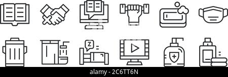 Set von 12 dünnen Umrisssymbolen wie Waschmittel, Film ansehen, Dusche, Seife, Online-Bildung, kein Handschlag für Web, mobil Stock Vektor