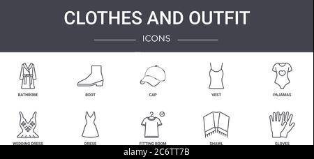 Kleidung und Outfit Konzept Linie Icons Set. Enthält Symbole für Web, Logo, ui/ux wie Stiefel, Weste, Hochzeitskleid, Umkleideraum, Schal, Handschuhe, Stock Vektor