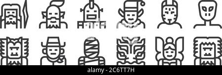 12 Satz von linearen fantastischen Zeichen Symbole. Dünne Umrisse Symbole wie yeti, kraken, Cowboy, kitsune, Roboter, Genie für Web, mobile Stock Vektor