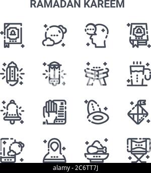 Set von 16 ramadan Kareem Konzept Vektor-Linien-Symbole. 64x64 dünne Strichsymbole wie Mond, Licht, Getränk, Handfläche, muslime, Trommel, Essen, koran, koran Stock Vektor