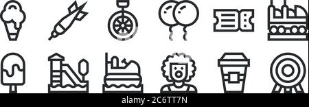 Set von 12 dünnen Umriss Symbole wie Dartscheibe, Clown, Achterbahn, Ticket, Einrad, Dart für Web, mobile Stock Vektor