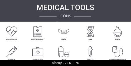 Medizinische Werkzeuge Konzept Linie Symbole Set. Enthält Symbole für Web, Logo, ui/ux wie medizinische Bericht, dna, Spritze, Pillen, Pipette, Bluttransfusi Stock Vektor