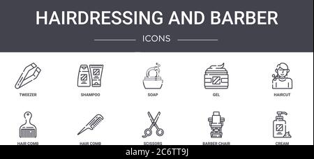 Friseur und Friseur Konzept Linie Symbole Set. Enthält Symbole für Web, Logo, ui/ux wie Shampoo, Gel, Haarkamm, Schere, Friseurstuhl, cr Stock Vektor