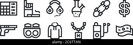 Set von 12 dünnen Umriss Symbole wie Geld, Halskette, Ringe, Skateboard, Kopfhörer, Zigaretten für Web, Handy Stock Vektor