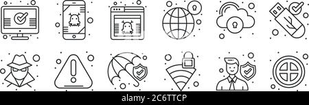 Satz von 12 dünnen Umrisssymbolen wie verboten, WiFi, Warnung, Cloud-Speicher, Virus, Fehler für Web, mobile Stock Vektor