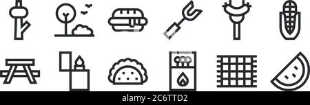 Set von 12 dünnen Umrisssymbolen wie Wassermelone, Streichhölzer, Feuerzeug, Wurst, Hot Dog, Park für Web, mobil Stock Vektor