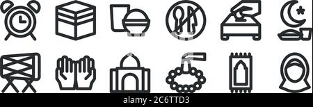 Set von 12 dünnen Umrisssymbolen wie Avatar, Perlen, Beten, Nächstenliebe, Essen, Mecca für Web, Handy Stock Vektor