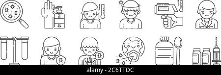 12 Satz von linearen Virus-Übertragung Symbole. Dünne Umrisssymbole wie Medizin, Erde, Immun, Thermometer, Temperatur, Seife für Web, mobil Stock Vektor
