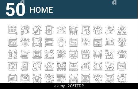 Set von 50 Home-Symbole. Umreißen dünne Linie Symbole wie Uhr, Balkendiagramm, Videocall, Streaming, Video-Player, Schreibtisch, Video Stock Vektor