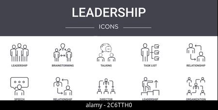 Leadership Concept Line Icons Set. Enthält Icons für Web, Logo, ui/ux wie Brainstorming, Aufgabenliste, Rede, Direktor, Führung, Organisation Stock Vektor