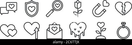Set von 12 dünnen Umrisssymbolen wie Ring, Herz, Liebe, Attraktion, Suche, Schutz für Web, mobil Stock Vektor