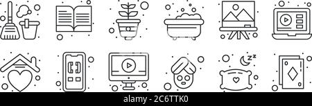 Set von 12 dünnen Umrisssymbolen wie Spielkarte, Spa und Entspannung, eingehende Anrufe, Malerei, Pflanze, Buch für Web, mobile Stock Vektor