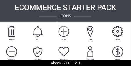 ecommerce Starter Pack Concept Line Icons Set. Enthält Icons für Web, Logo, ui/ux wie Bell, Tag, Minimieren, Favorit, Konto, Münzen, Ausrüstung, Stock Vektor