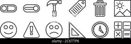 12 Satz von linearen verschiedene Symbole. Dünne Umrisssymbole wie Rechner, Lineal, Alarm, Papierkorb, Hammer, Schalter für Web, mobil Stock Vektor