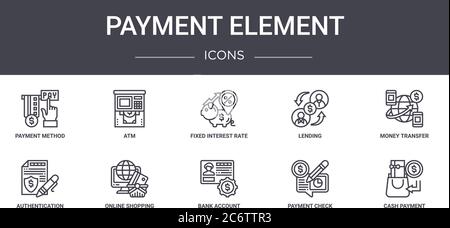 Zahlungselement Concept Line Icons Set. Enthält Symbole für Web, Logo, ui/ux wie atm, Ausleihe, Authentifizierung, Bankkonto, Zahlungsscheck, Stock Vektor