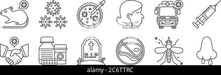 Set von 12 dünnen Umrisssymbole wie snot, rohes Fleisch, Medikament, Krankenwagen, Petrischale, Coronavirus für Web, mobil Stock Vektor