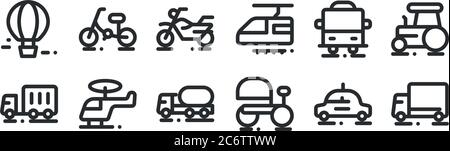 Set von 12 dünnen Umriss Symbole wie LKW, Rikesäge, Hubschrauber, Bus, Motorrad, Fahrrad für Web, mobil Stock Vektor