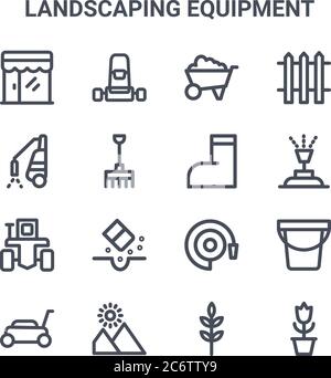 Set von 16 Landschaftsbau Ausrüstung Konzept Vektor-Linie Symbole. 64x64 Symbole für dünne Striche wie Rasenmäher, Sprinkler, Sprinkler, Wasserleitung, Landschaft, FL Stock Vektor