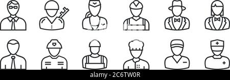 Set von 12 dünnen Umrisssymbolen wie Krankenschwester, Bäcker, Feuerwehrmann, Zauberer, Stewardess, Soldat für Web, mobil Stock Vektor