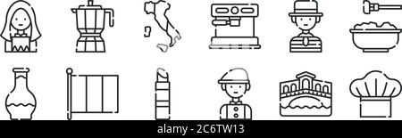 Set von 12 dünnen Umrisssymbole wie Koch, Mann, italien, Gondolier, italien, Kaffeekanne für Web, mobil Stock Vektor