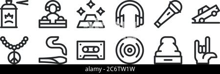 Set von 12 dünnen Umrisssymbolen wie Rock, Vinyl, Marihuana, Mikrofon, Goldbarren, dj für Web, Handy Stock Vektor