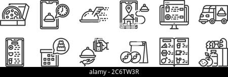 12 Satz von linearen Lebensmittel Lieferung Symbole. Dünne Umrisse Symbole wie Lebensmittel, Donut, Kalender, Website, Tablett, Zeit für Web, mobil Stock Vektor