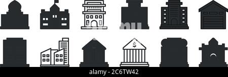 Set von 12 dünnen Umrisssymbolen wie Hochschule, Bank, Fabrik, Wohnung, Wohnung, Regierung für Web, mobil Stock Vektor
