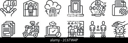 Set von 12 dünnen Umrisssymbolen wie Spielen mit Haustier, Home Office, Lebensmittelzustellung, Hobbys, Cloud, zu Hause bleiben für Web, mobil Stock Vektor