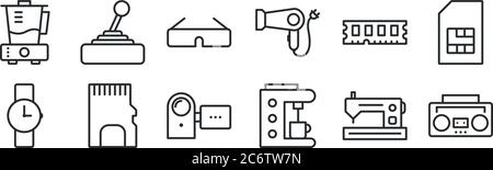 Set von 12 dünnen Umrisssymbolen wie Audioband, Kaffeemaschine, Speicherkarte, RAM, d Brille, Game-Controller für Web, Handy Stock Vektor