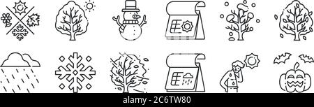 Set von 12 dünnen Umrisssymbolen wie halloween, regnerischer Tag, Schneeflocke, Winterbaum, Schneemann, Baum für Web, mobil Stock Vektor