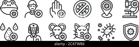 Satz von 12 Symbolen mit schmalem Umriss, z. B. Schild, Katze, Krankenschwester, Ort, Hand, Patient für Web, mobil Stock Vektor