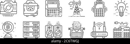 12 Satz von linearen Technologie-Geräte-Symbole. Dünne Umrisssymbole wie Tastatur, Schreibmaschine, Server, POS-Terminal, Tastatur, Toaster für Web, mobile Stock Vektor