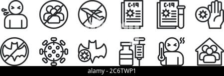 Set von 12 dünnen Umrisssymbolen wie zu Hause bleiben, Medizin, Coronavirus, Bluttest, kein Flug, keine Gruppe für Web, mobil Stock Vektor