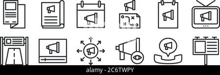 Set von 12 dünnen Umrisssymbolen wie Plakatwand, Werbung, Video-Marketing, Poster, Zeitplan, Magazin für Web, mobil Stock Vektor