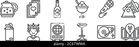 Set von 12 dünnen Umrisssymbolen wie Platzhalter, Hocker, vip, Karaoke, Bierflasche, Poker-Karten für Web, Handy Stock Vektor
