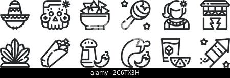 Set von 12 dünnen Umrisse Symbole wie Feuerwerk, Chili, Burrito, Mexikaner, Tortilla, Schädel für Web, mobile Stock Vektor