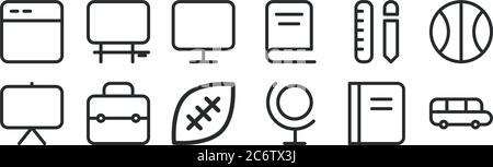 Set von 12 dünnen Umrisssymbolen wie Schulbus, Globus, Aktentasche, zeichnen, Display, Tafel für Web, mobil Stock Vektor