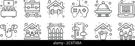 Set von 12 dünnen Umrisssymbolen wie zu Hause bleiben, mobile Nachricht, zu Hause bleiben, Lebensmittel liefern, Übung, Toolbox für Web, mobil Stock Vektor