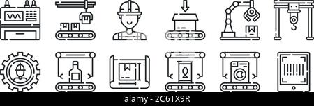 Set von 12 dünnen Umrisssymbolen wie Barcode, Lebensmittel, Flasche, Roboterarm, Arbeiter, Pakete für Web, mobil Stock Vektor