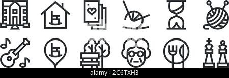 Set von 12 dünnen Umrisssymbolen wie Schachfiguren, Großmutter, Altersheim, Sanduhr, Spielkarten, Altersheim für Web, mobil Stock Vektor