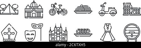 Set von 12 dünnen Umrisssymbole wie Wein Fass, Taralli, Maske, Roller, Fahrrad, Basilikum für Web, mobile Stock Vektor