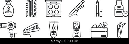 Set von 12 dünnen Umrisssymbolen wie Pinzette, Fundament, Haarglätter, Augenstift, Lidschatten, bobby Pin für Web, mobil Stock Vektor