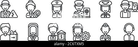 Set von 12 dünnen Umrisssymbolen wie Call Center Agent, Arbeiter, Richter, Pilot, Polizist, Hebamme für Web, mobile Stock Vektor