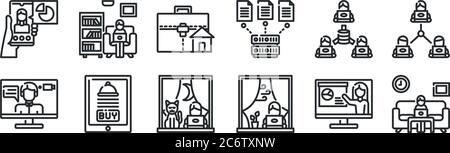 Set von 12 dünnen Umrisssymbolen wie Arbeiten, Arbeiten, Essen Lieferung, Datenbank, Arbeiten zu Hause, für Web, mobil Stock Vektor